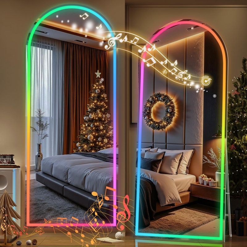 Arch LED RGB Bluetooth Full Length Mirror with Stand ＆ 7 Color Lighting Modes, Full Body Mirror with White Frame for Bedroom, Living Room, Dressing Room