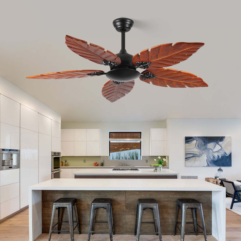 52" Tropical Palm Leaf Ceiling Fan, Indoor Outdoor Patio And Living Room, Reversible, Black Bronze Finish