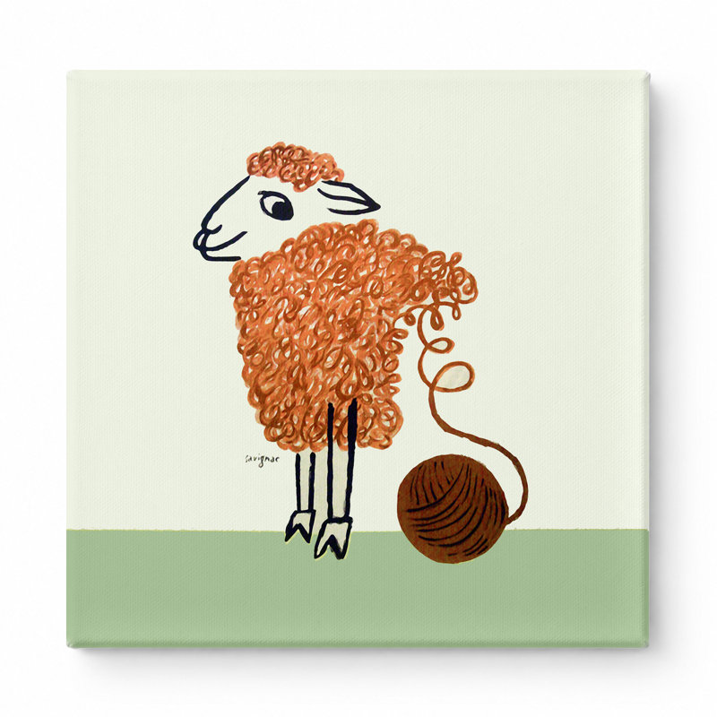Mouton avec pelote de laine - art mural carré sur toile, 12" W x 12" H