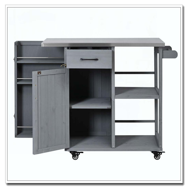 Outdoor Kitchen Island Fir Wood Prep Station Lockable Kitchen Cart with Stainless Top, Ample Storage Space, Grey