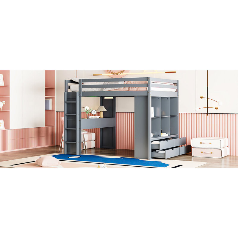 Lit mezzanine gris avec tablettes énormes, bureau fonctionnel, éclairage à DEL - Taille élégante et sécuritaire avec suffisamment d'espace de rangement pratique