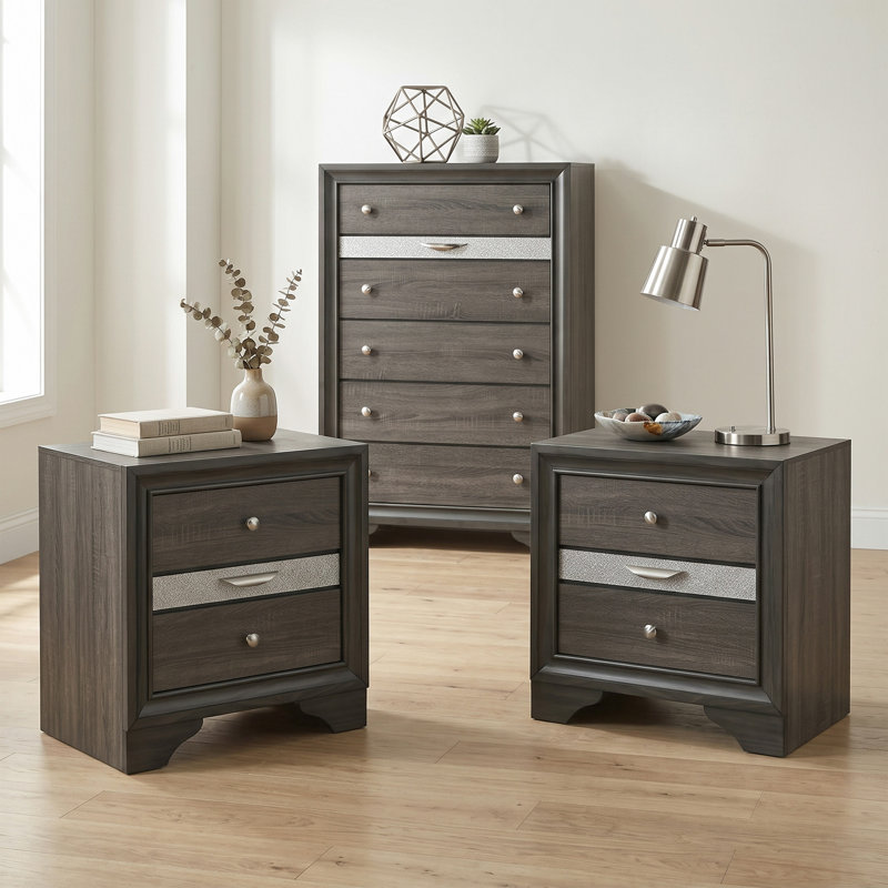 Clermont 3 Piece Solid Wood Bedroom Set, Gray, 3 Pcs: Chest, 2 Nightstands