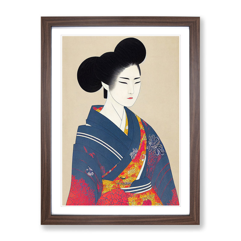 Traditional Geisha No.4 - Wall Art, 48cm H x 36cm W, Walnut Framed, White