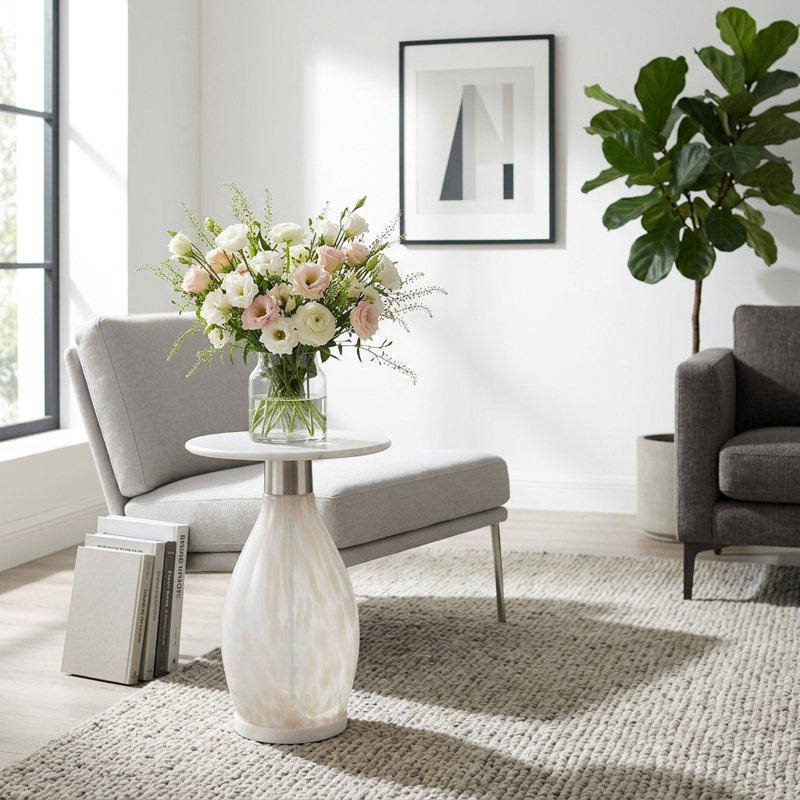 Side Table with Marble Top and Artistic Glass Base - Narrow Living Room End Table for Bedroom or Entryway - Contemporary Round Accent Furniture - White