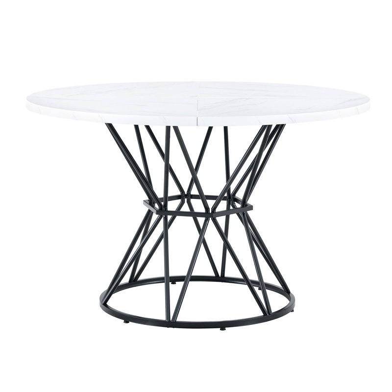A Circular Dining Table With A Diameter Of 47.3 Inches, Composed Of 4 White Marble Patterned MDF Boards,Black Hourglass Shaped Metal Brackets,And A Modern Industrial Style Dining Table For 4-6 People.
