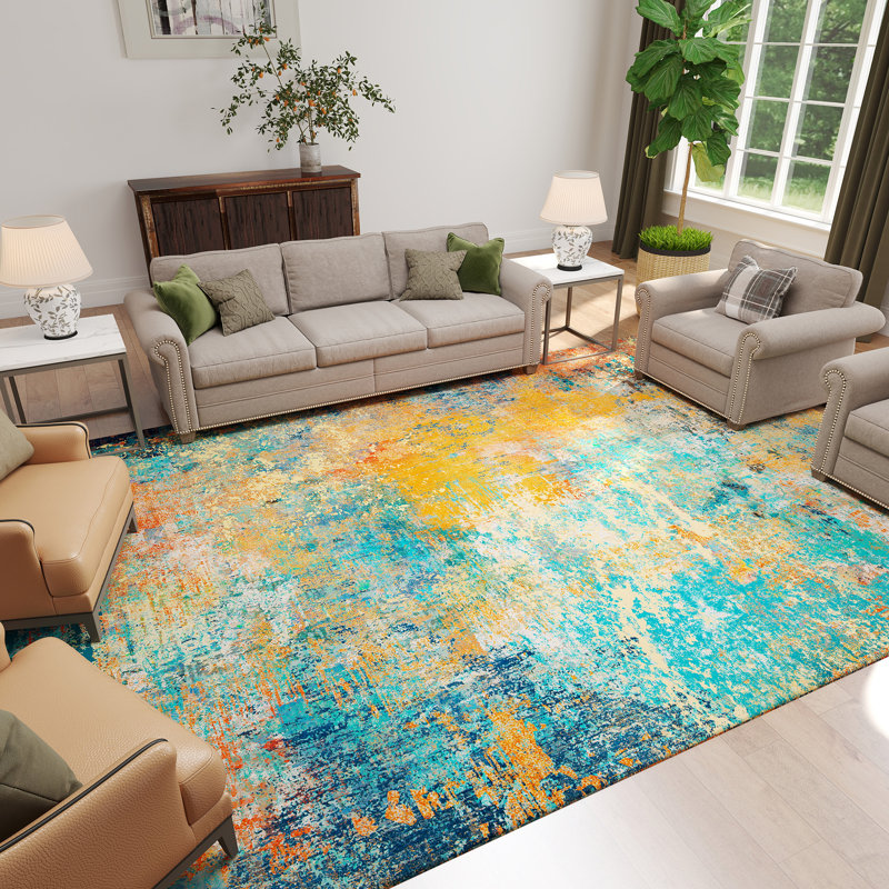 Living Room Rug 6x9 ft Yellow and Blue Area Rug Machine Washable Rug, Non Slip Vintage Rug Stain Resistant Indoor Large Carpet for Bedroom, Boho Rug, Distressed Retro Floor Rug for Classroom, Dorm, Dining Room