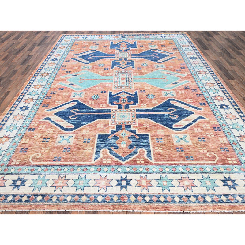 Tapis oriental en laine pure noué à la main de couleur pêche 9 pi x 11 pi 9 po, nœud turc, velours nul, motif village anatolien, noué à la main