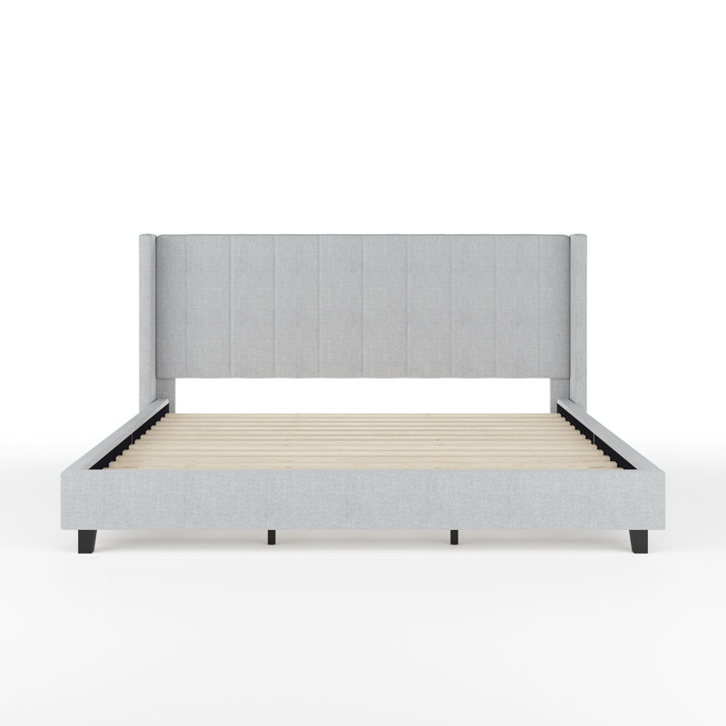 Martha Stewart Kay Upholstered Platform Bed With Channel Stitched Wingback Headboard, Gray, King