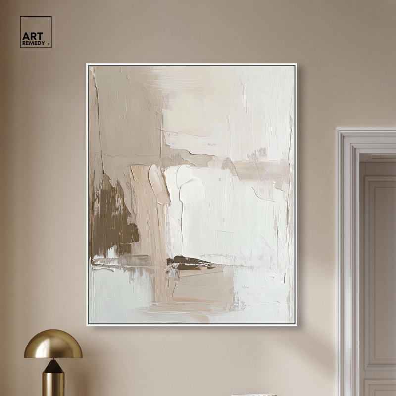 Toile pâle texturée «Silence I Neutral Boho» par Art Remedy, H 46 po x l 37 po, Cadre flottant blanc