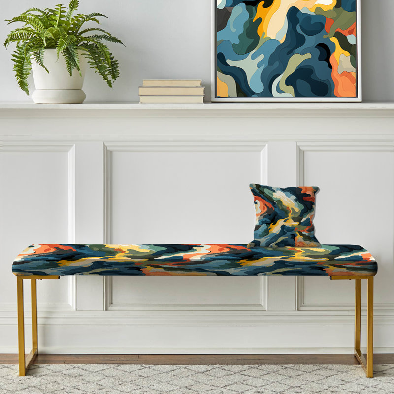 Camouflage Upholstered Gold Bench, Abstract Nautical Depiction