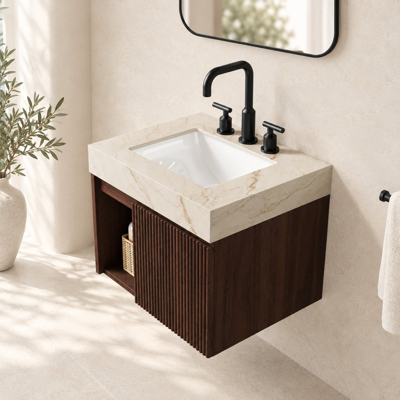 Meuble-lavabo suspendu simple EIDEN de 61 cm (24 po) en noyer avec dessus en pierre frittée couleur crème veinée or, 24"