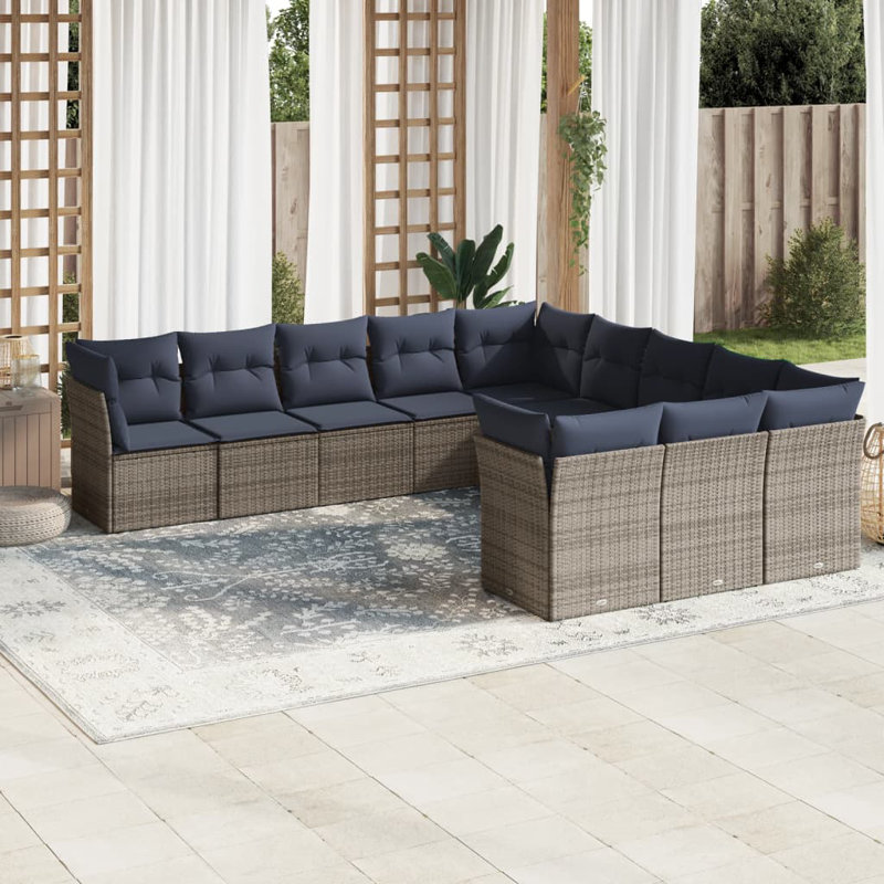 Ensemble de canapé de patio 12 pièces avec coussins en rotin de polyester gris, Coussin bleu marine / structure grise