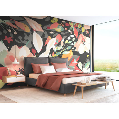 Murale fleurs fluides corail