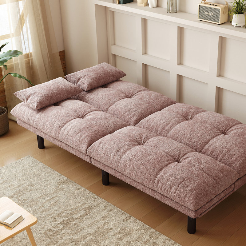 Futon Sofa Bed Convertible 70 Inch Solid Wood Couch For Living Room, Chenille Fabric, 2 Cushions, Pink