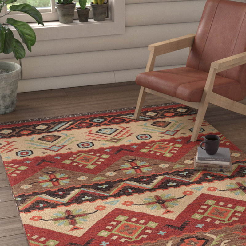 Tapis en laine multicolore tissé à plat de style Sud-Ouest Provincetown, Rectangle 6 pi x 9 pi