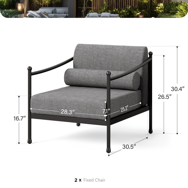 Fauteuil club d'extérieur avec coussin de siège très épais (environ 7,1 po) et structure en métal
