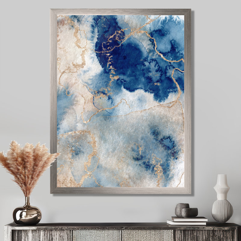«Blue and Gold Marble Clouds III», art mural abstrait sur toile, H 44 po x l 34 po, Impression encadrée, Argent argent