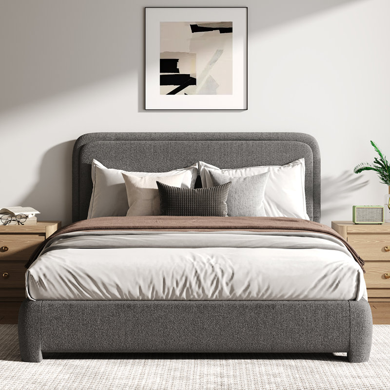Bensu Boucle Upholstered Platform Bed, Gray, Queen