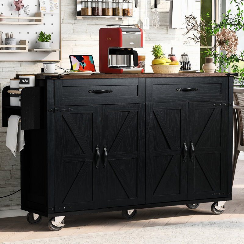 Kitchen Island With Drop Leaf, Power Supply, Spice Rack, Rolling Wheels, 53.5''w X 28.59''d 36.5''h, Black For Home And Large Storage, Cart, 53.5'' 28.59'' 36.5'