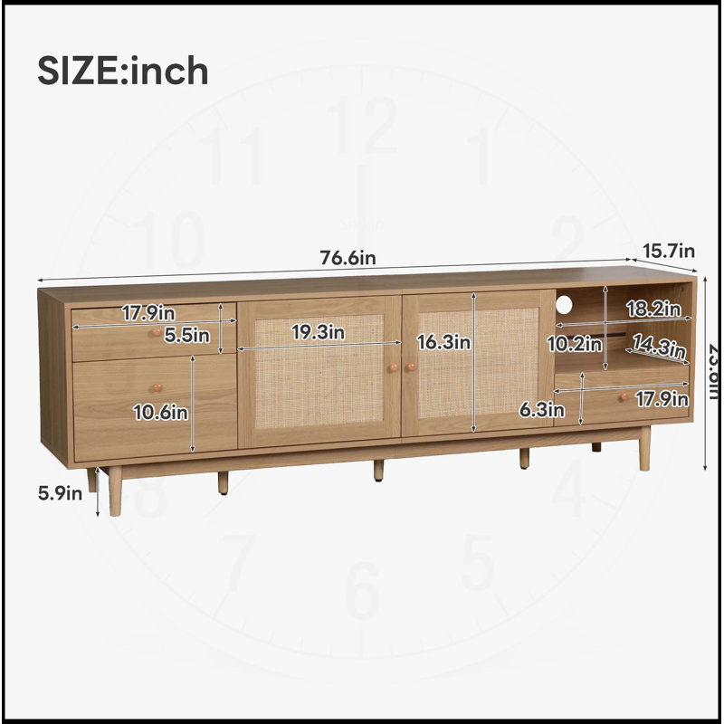 Boho TV Stand for Large TVs, Entertainment Center with Open Storage and Drawers, Wood Media Console with Real Rattan