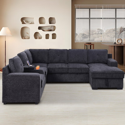 119.5‘’Chenille Modular Sectional Sofa: Pull - Out Bed, Storage Chaise & Charging Console