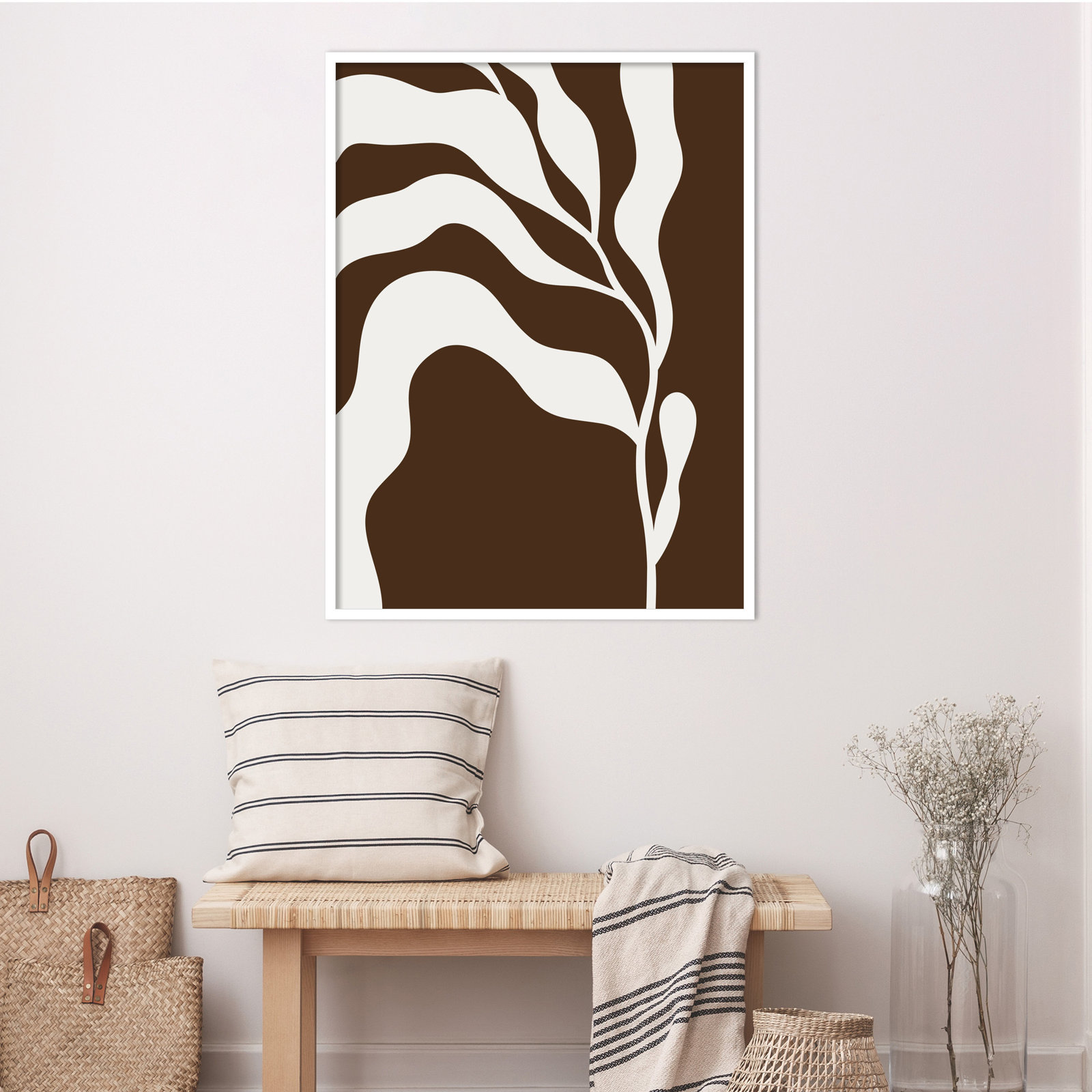 Retro Matisse Inspired Abstract Botanical 2 Brown, White, 41" H x 31" W x 1" D