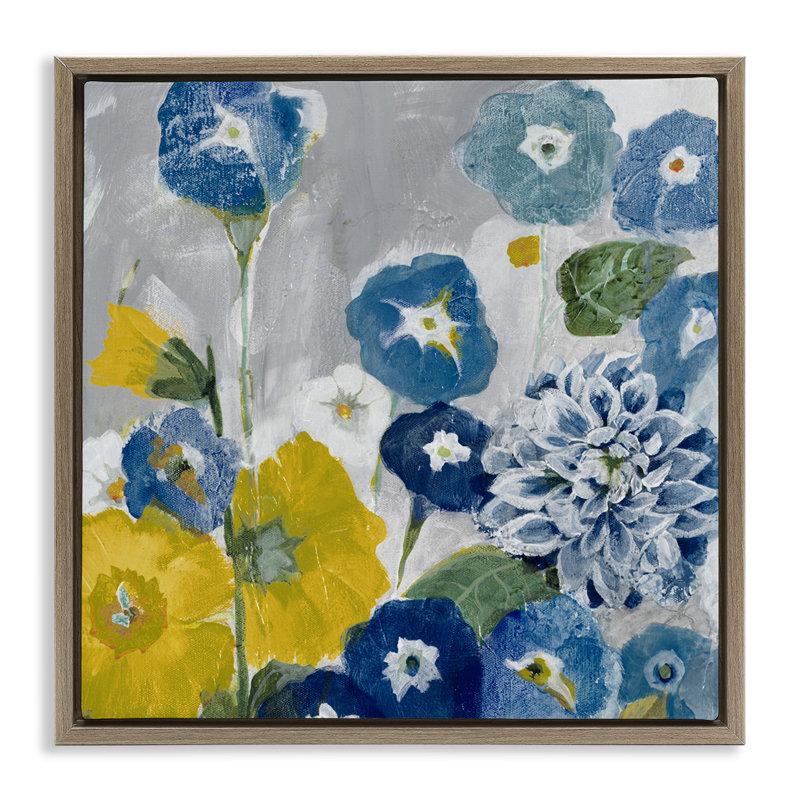 Coquelicots abstraits bleus et jaunes, H 18 po x l 18 po, Cadre flottant orme Montalcino