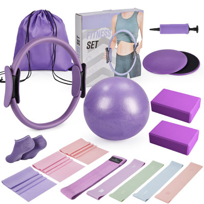 Ensemble de pilates mauves 17 pièces, ensemble d'entraînement à domicile avec anneau, ballon, bandes de résistance, blocs de yoga et disques glissants
