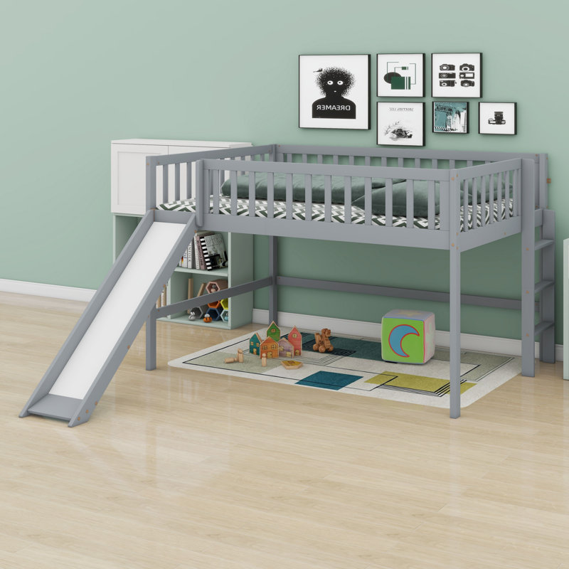 Low Loft Bed With Ladder And Slide, Gray