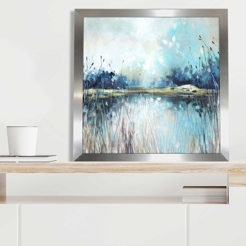 «Lake Views» par Carol Robinson - Peinture, L 25,5 po x H 25,5 po, Encadrement argenté