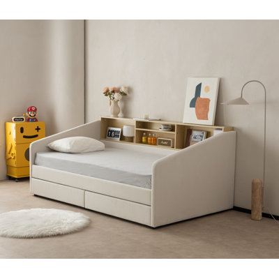 Guisselle Upholstered Twin 2 Drawers Storage Daybed with Shelf Headboard 