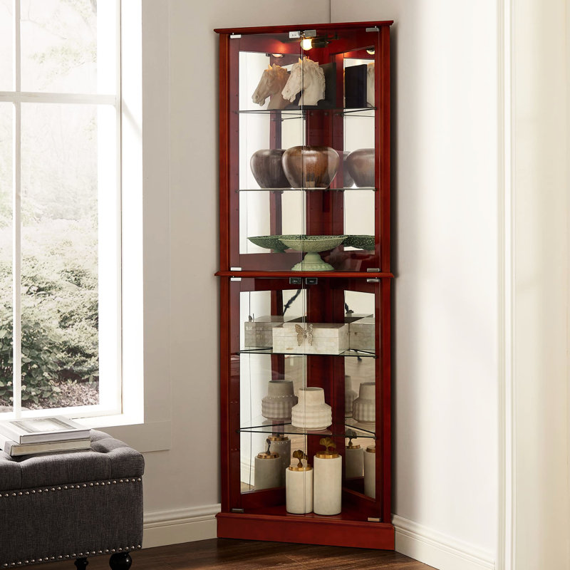 Lighted Cabinet For Corner - Mirrored Back Adjustable Shelves Cherry Taste Display Curio Lights Tempered Glass Family Photos