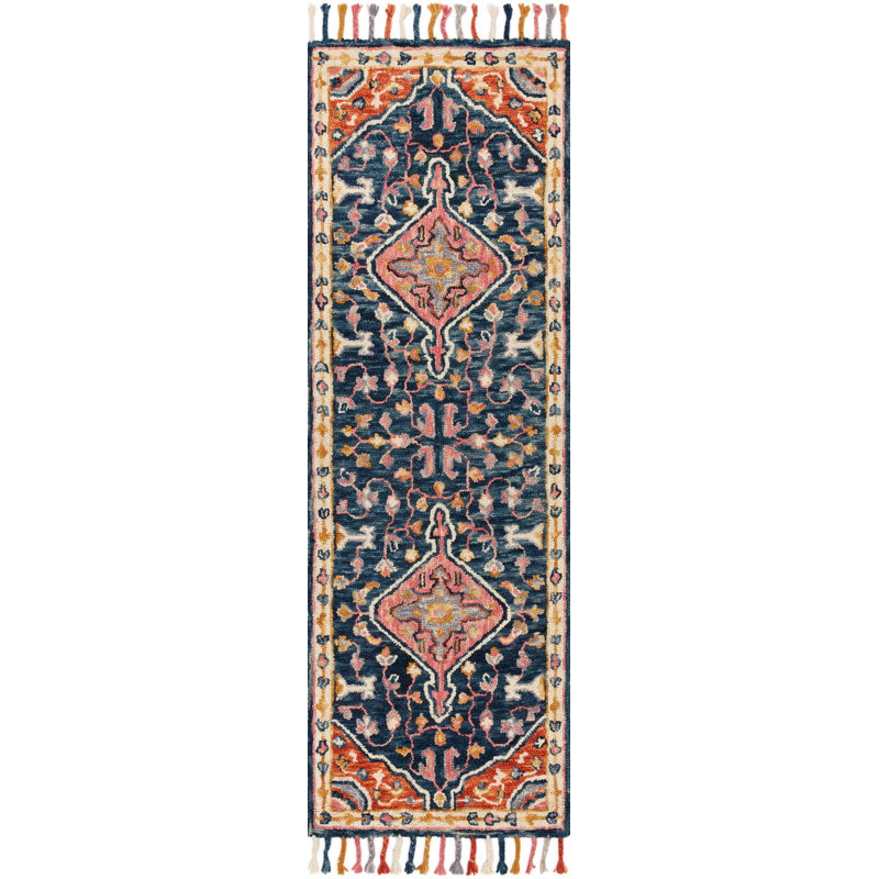Tapis oriental en laine crocheté à la main bleu marine / orange / gris Carroll, Tapis de couloir 2 pi 6 po x 7 pi 6 po