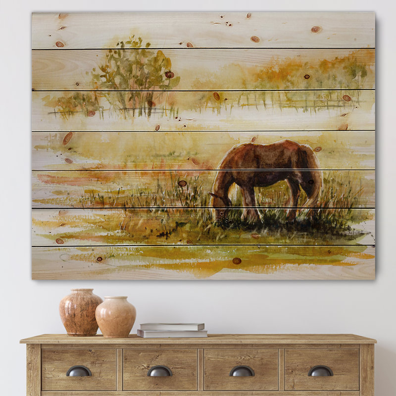 Cheval qui broute sur un pré - reproduction de campagne sur bois de pin naturel, H 15 po x l 30 po x P 0,78 po