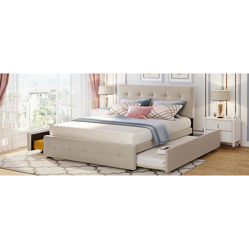 Grand lit plateforme tapissier avec rangement capitonné, Beige