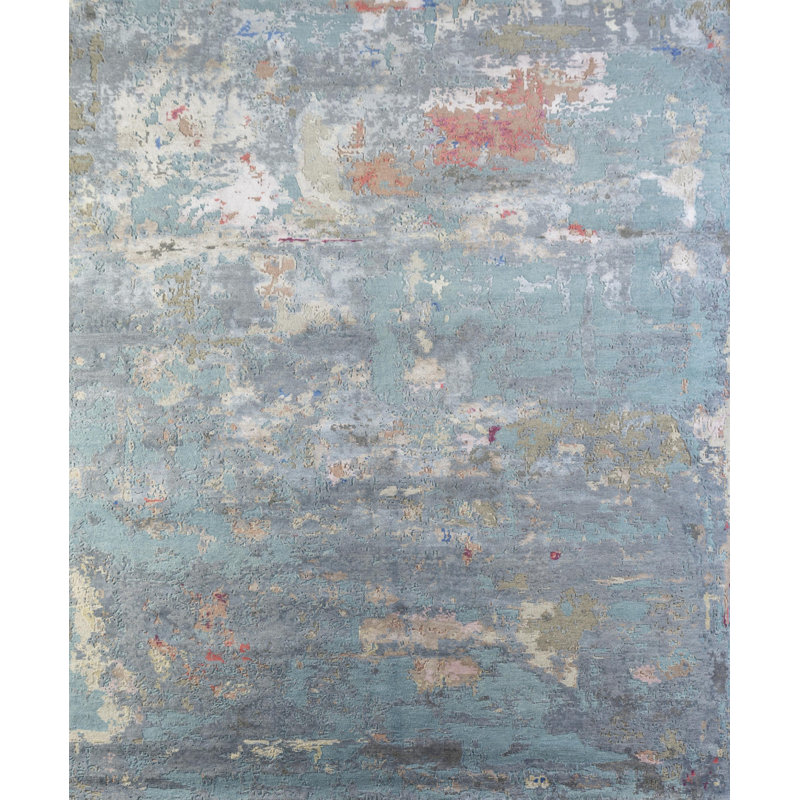 Tapis bleu abstrait noué à la main 8 pi x 10 pi