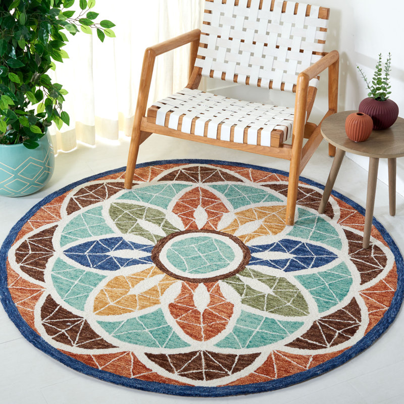 Shanoah Tufted Wool Cotton Floral Rug in Orange/Blue, Round 6'