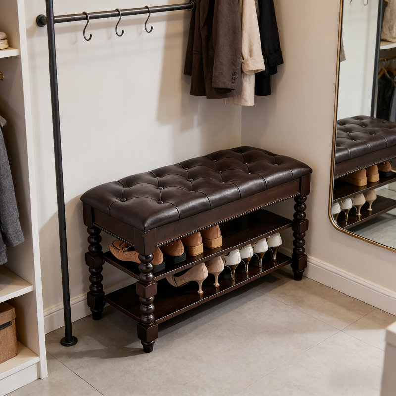 Padded Solid Wood Entryway Storage Bench, 18.9" H x 31.5" W x 13.8" D
