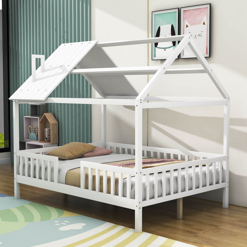 Lit en bois double avec toit et lattes Creasey, Blanc