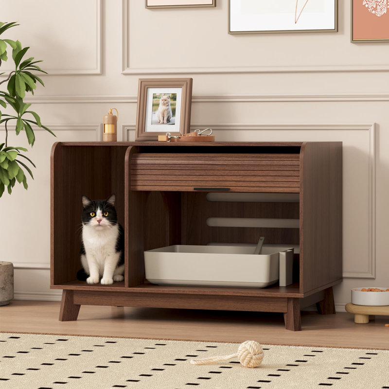 Enceinte de litière pour chat avec porte coulissante, Noyer