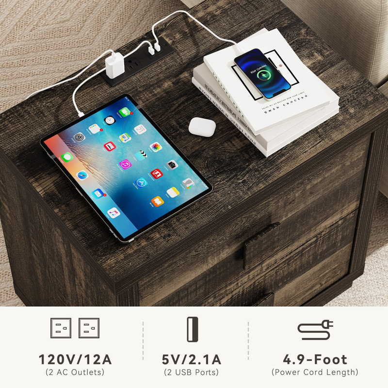 Table de chevet moderne 23,4 po avec station de charge et 2 tiroirs, table de chevet pour le salon de la chambre à coucher
