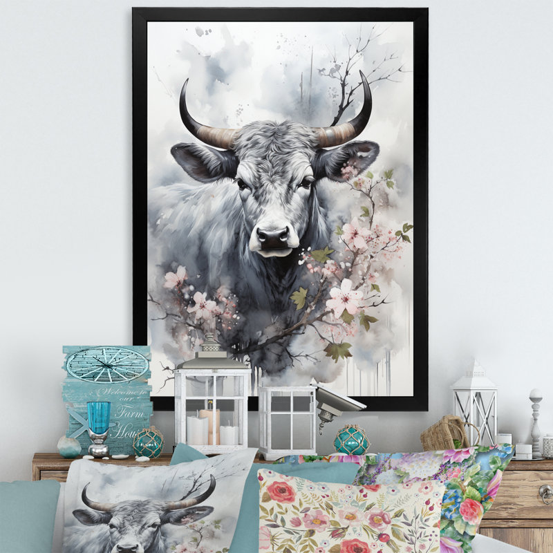 Bania, art asiatique, vache Sumi V, H 44 po x l 34 po x P 1,5 po, Cadre photo noir