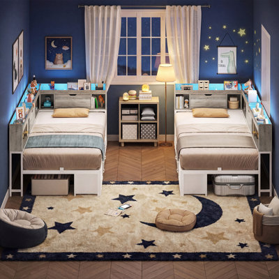 Corner Daybed Frame with 6 Drawers and Storage Bookcase Daybed with Charging Station and LED Lights