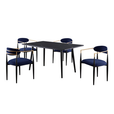 5 pièces: table rectangulaire en pierre frittée noire avec chaises rembourrées bleues, Charm Energy contemporain