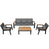 Higold - 2031 Geneva 4 Pieces Patio Conversation Set, 5 Seaters Outdoor Sofa, Made Of Space Aluminum, Teak Wood, Textile, Matte Charcoal Powder Coating