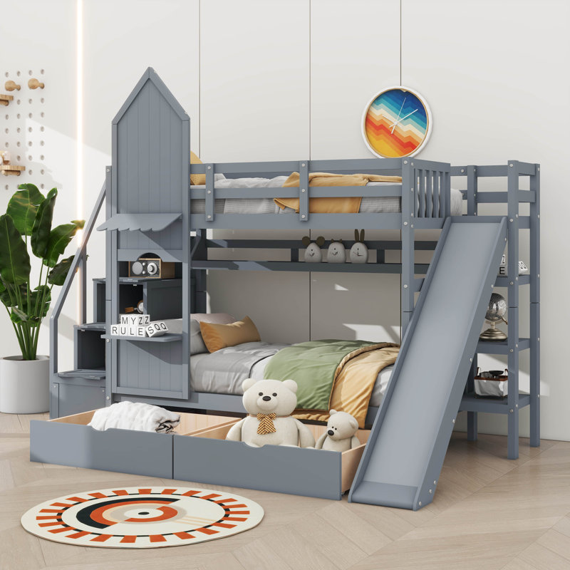 Lit superposé de style château avec deux tiroirs, trois tablettes et une glissade, Simple, Gris