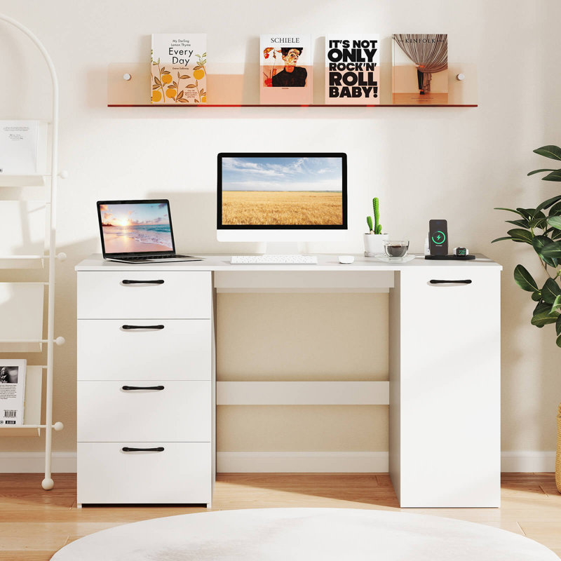 53" Computer Desk With Power Outlets Large Executive Desk With 4 Storage Drawers, White