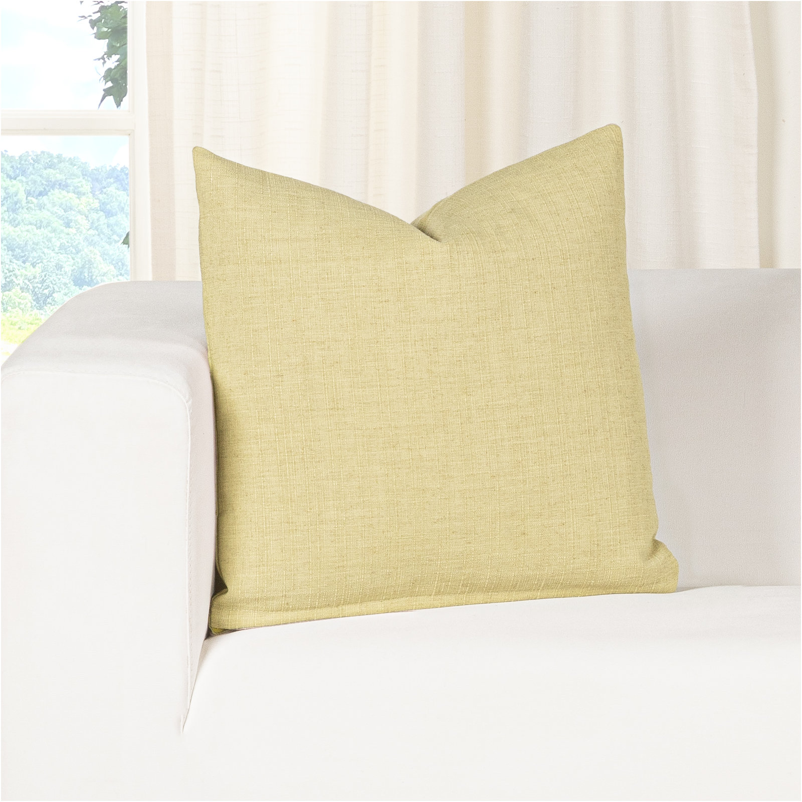 Indy Faux Linen Accent Pillow, Green, Feather, Square 18"