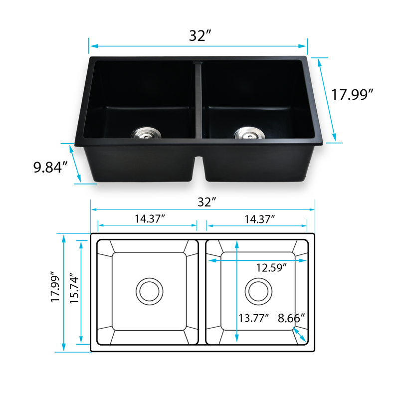 Évier encastré à double cuve en quartz noir L 32 po x l 18 po - Chaleur, crépine avec panier antirouille et antirouille pour un drainage sans entraves