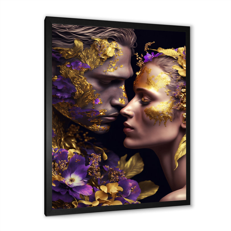 «Loureux Couple Kissing Floral Design I», art mural traditionnel sur toile, H 40 po x l 30 po x P 1,5 po
